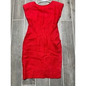 Vintage 80s Red Linen Cap Sleeve Button Back Sheath Dress Sz 8 with Pockets Chic